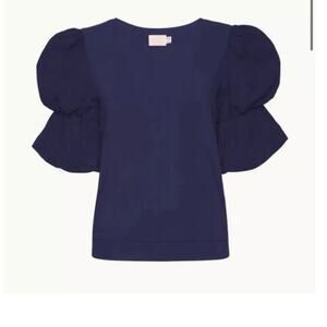 Nation Teddi Blue V Neck Sweatshirt Poplin Tiered Puff Sleeve Top M